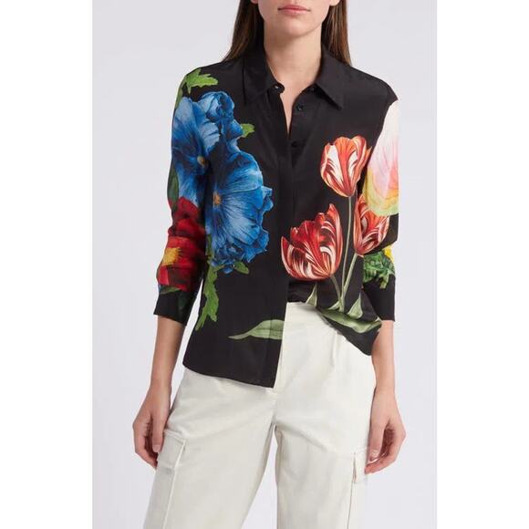 Alice and Olivia Willa Button Front Floral Silk Top Size XS Le Parisien $350 - Picture 5 of 14